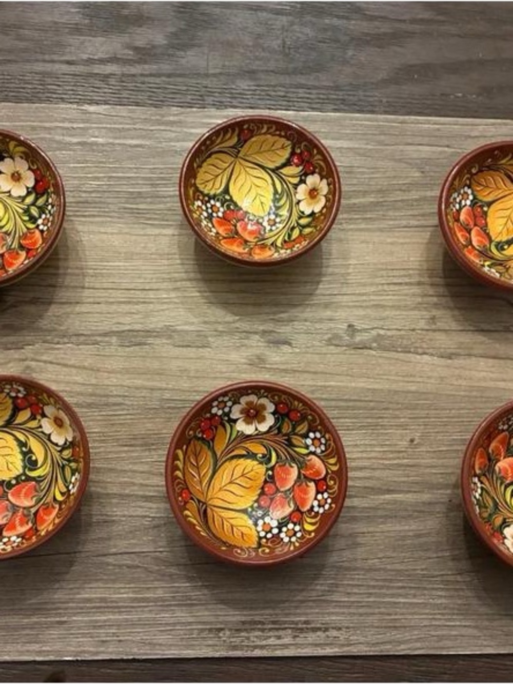 Hand-Painted Floral Ceramic Bowls in Red and Gold - Set of 6